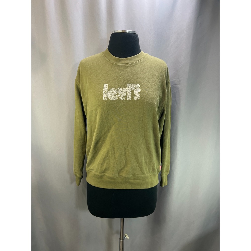 Levi's Sweatshirt Womens Small Olive Green Logo Print Ribbed Trim Crew Neck